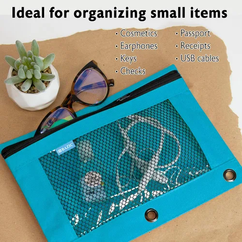 Miniatura 5 de BAZIC PRODUCTS Estuche para lápices de 3 anillos con agujeros de anillos reforzados con remaches, bolsa de malla de color pastel con cremallera