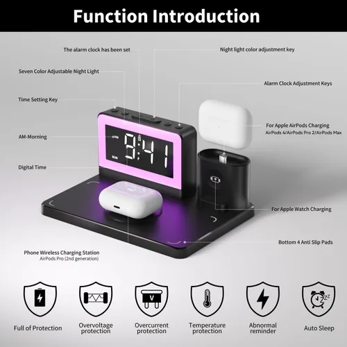 Miniatura 3 de Estación de carga rápida inalámbrica, reloj despertador 7 en 1 con soporte de cargador inalámbrico, base de carga para Apple, para múltiples