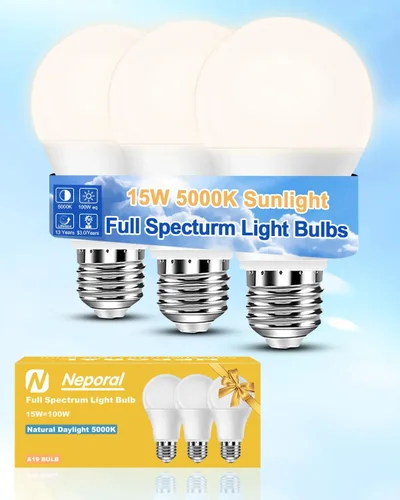 Neporal Bombilla de espectro completo de 15W LED=100W, luz diurna libre de parpadeo de 5000K, sin UV y con alto CRI y luz natural que cuida los ojos