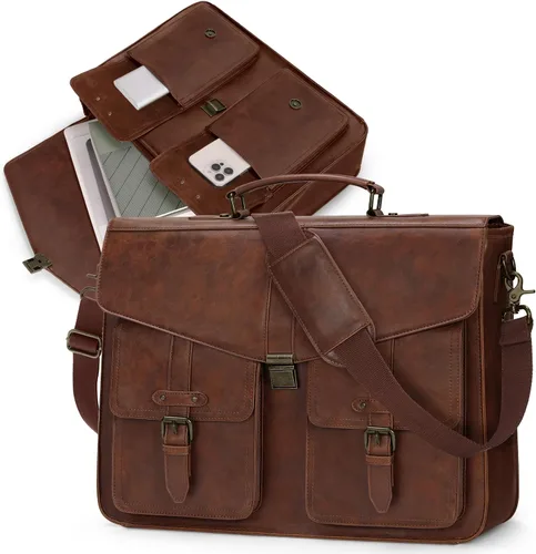 RAINSMORE Bolsa de mensajero para hombre de 17 pulgadas, maletín para computadora portátil, impermeable, de cuero, para trabajo, oficina, viajes,