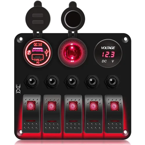 Miniatura 8 de FXC Panel de interruptor basculante azul marino impermeable de 5 segmentos con enchufe USB QC3.0 y ranura tipo C + encendedor de cigarrillos +