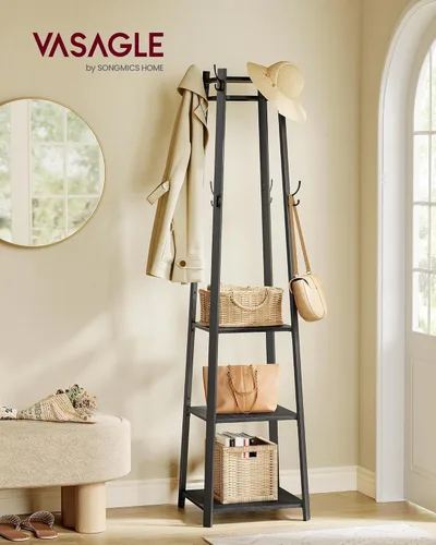Miniatura 2 de VASAGLE Perchero con 3 estantes, árbol de pasillo independiente con ganchos para bufandas, bolsos, paraguas, marco de acero, estilo industrial