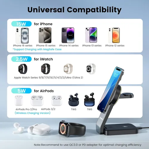 Miniatura 3 de EnergyCell Estación de carga inalámbrica 3 en 1 para dispositivos Apple, cargador inalámbrico de 15W para iPhone 17/16/15/14/13/12, Apple Watch
