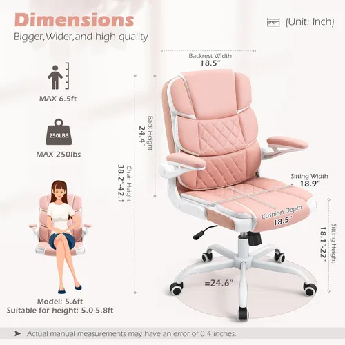 Miniatura 3 de SEATZONE Silla de Escritorio Rosa Silla de Oficina Ejecutiva Moderna con Brazos Silla de Escritorio de Computadora de Piel Sintética para Niñas
