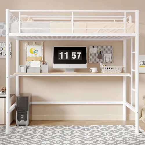 Miniatura 6 de VECELO Cama alta tamaño individual con escritorio, base de cama de metal con escalera extraíble y barandilla de seguridad, no necesita somier