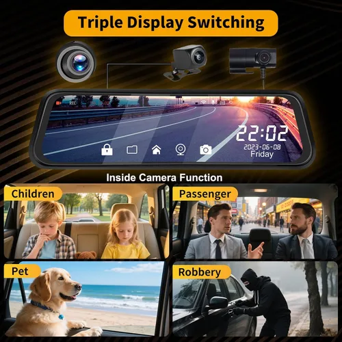 Miniatura 3 de Cámara de tablero WiFi de 3 canales de 9.66 pulgadas con cámara frontal y trasera, pantalla táctil IPS, triple cámara de espejo retrovisor