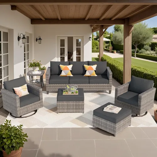 Miniatura 20 de ovios Juego de muebles de patio de 8 piezas, sofá de mimbre para exteriores con sillas giratorias, mecedora con cojines cómodos, juego de Beige