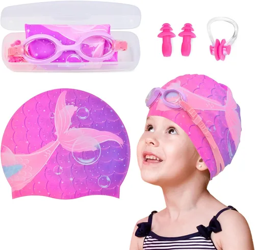 Miniatura 9 de Gorros de natación para niñas, gorro de natación de silicona para niños pequeños, gorros de natación duraderos y cómodos para niñas Sirena púrpura