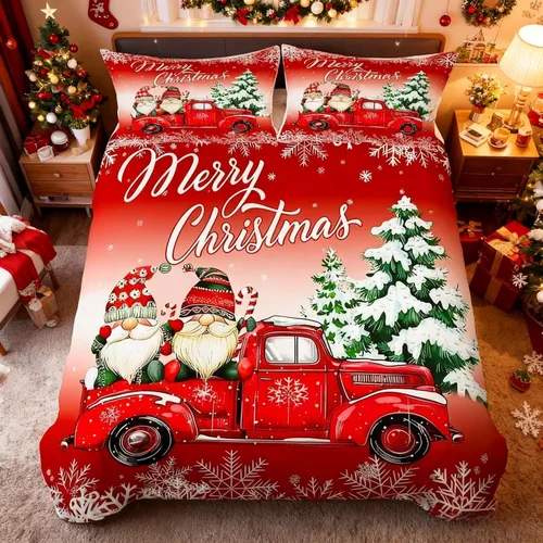 Miniatura 12 de Juego de funda de edredón para niños con diseño de Navidad, tamaño individual, camiones rojos y árboles de pino con copos de nieve, decoración