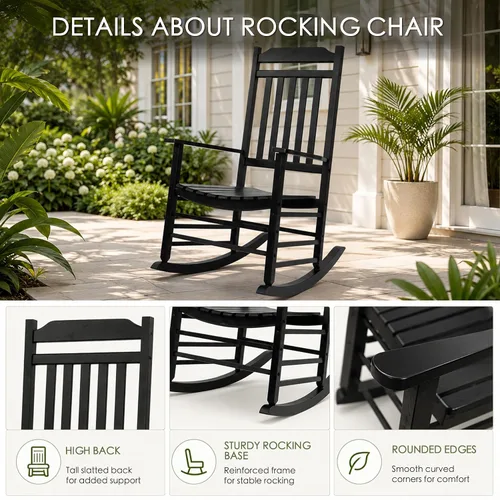Miniatura 4 de Kozyard Mecedora de madera, silla mecedora de madera maciza para exteriores con respaldo alto y asiento de listones, mecedora ergonómica
