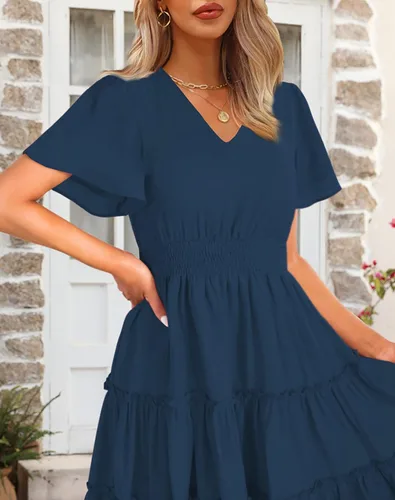 Miniatura 6 de Zattcas Vestidos de otoño de manga larga 2023 para mujer, cuello en V, cintura fruncida, casual, fluido, acampanado, vestido midi de trabajo