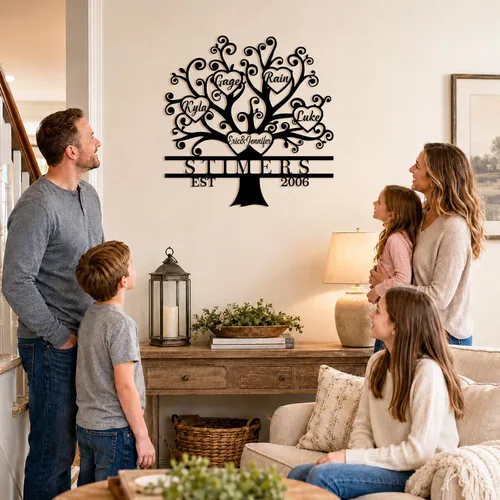 Miniatura 2 de Letrero de metal personalizado del árbol de la vida, letrero de metal con nombres de niños, regalo personalizado de apellido, recuerdo familiar