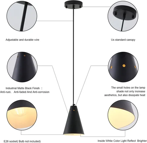 Miniatura 5 de Dijiahua Paquete de 3 lámparas colgantes negras para isla de cocina, pequeños candelabros industriales modernos con pantalla de metal cono, mini
