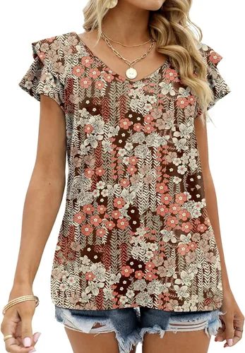 Miniatura 4 de OFEEFAN - Camisetas de verano para mujer, blusa informal de manga corta con volantes, cuello en V, ajuste holgado