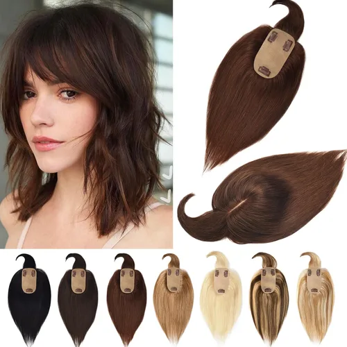 Miniatura 9 de Toppers de cabello humano real para mujeres con cabello delgado, 6 pulgadas, marrón oscuro