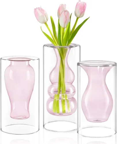 Miniatura 7 de ZENS Florero Pequeño de Flor Rosa Único, Florero de Vidrio Transparente Flotante Doble Hueco, Moderno Jarrón Decorativo Soplado a Mano Fresco