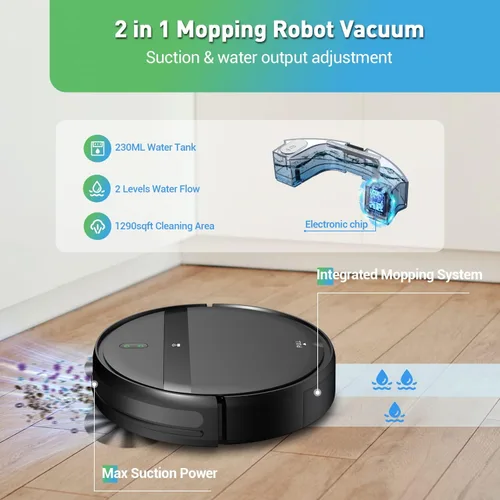 Miniatura 3 de Kilgone Robot aspiradora y trapeador combinado para pelo de mascotas y hogares, control de aplicación/voz, succión sin enredos y evita 3D Negro ónix