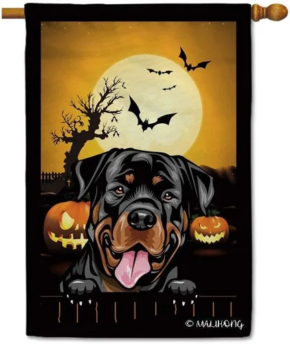 Miniatura 17 de Bandera de jardín de calabaza de Feliz Halloween Jack O'Lantern con perro Rhodesian Ridgeback Halloween Bat Boo Bandera decorativa para patio al
