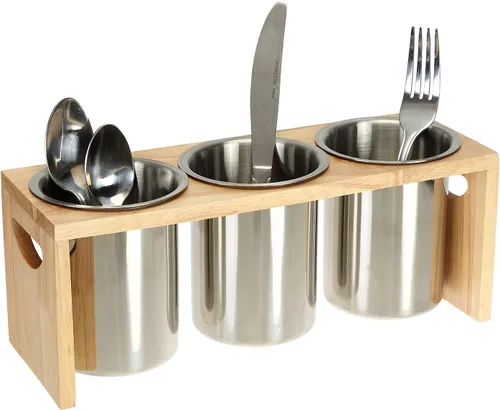ZOOFOX Paquete de 3 soportes para cubiertos, organizador de utensilios de acero inoxidable con base de madera, organizador de cubiertos para
