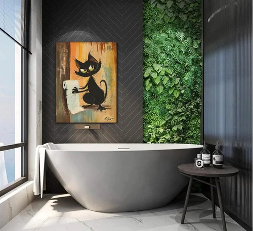 Miniatura 3 de Divertido Arte de Pared de Baño de Gato Negro en Lienzo Arte de Pared de Gato Abstracto con Imagen de Papel Higiénico Decoración de Pared Póster