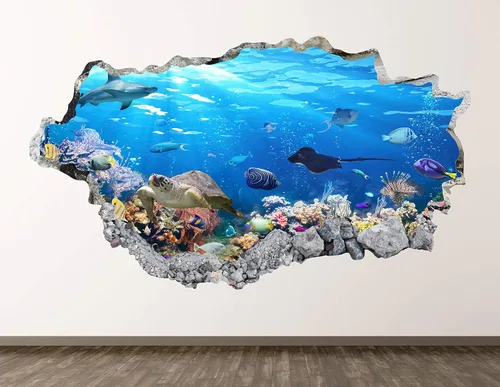 Calcomanía de pared para acuario, decoración 3D de mar profundo, póster para habitación de niños, regalo personalizado BL1037 (22 pulgadas de ancho