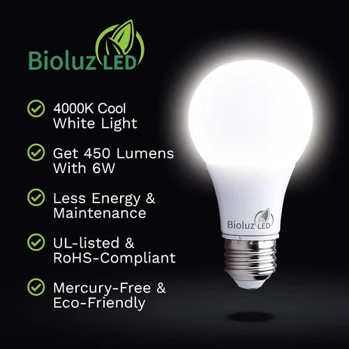 Miniatura 5 de Bioluz LED 6 vatios equivalentes a bombillas A19 de 40 W para decoración del hogar, bombilla LED blanca fría de 4000 K, luces LED no regulables
