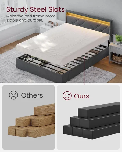 Miniatura 8 de VASAGLE Base de cama LED tamaño Queen, cama Queen con cabecera y 4 cajones, 1 puerto USB y 1 puerto tipo C, cabecera tapizada ajustable de 36.7/39.3