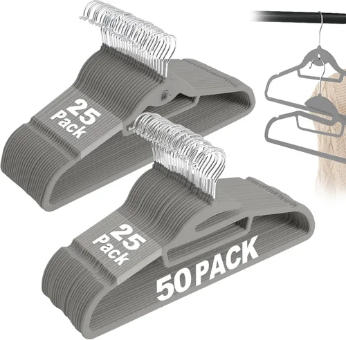 Miniatura 9 de Perchas de Terciopelo Negro Paquete de 50, en Forma de S y Apilables de Fieltro Antideslizantes con Gancho Giratorio de 360°, Perchas Flocadas Ultra
