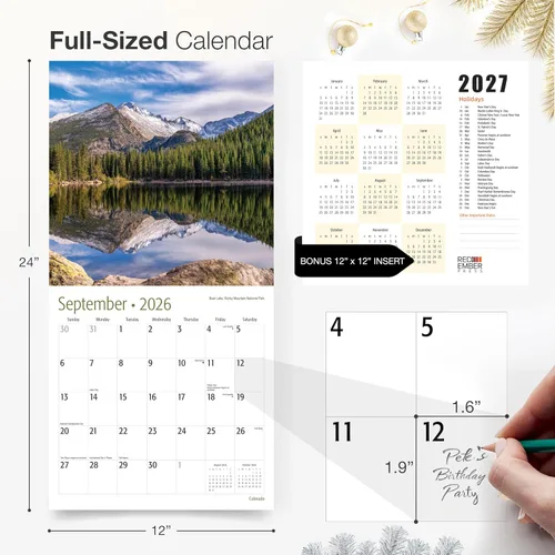 Miniatura 5 de RED EMBER Calendario de pared Colorado 2026 de 12 meses, 12 x 24 pulgadas, abierto, papel grueso y resistente, para regalo, calendario de viaje 2026