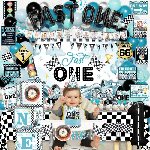 Miniatura 6 de Fast One - Decoraciones de cumpleaños para niños, 143 piezas de suministros de decoración de primera fiesta de carreras para bebé, pancarta