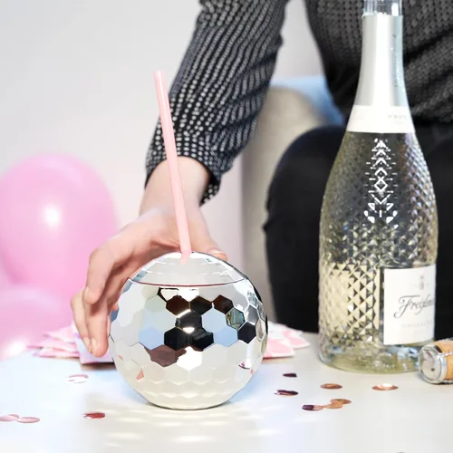 Miniatura 4 de Blush Taza de bola de discoteca plateada con pajitas para fiestas, 16 onzas, lindo vaso de bebida de bola de cóctel con purpurina brillante