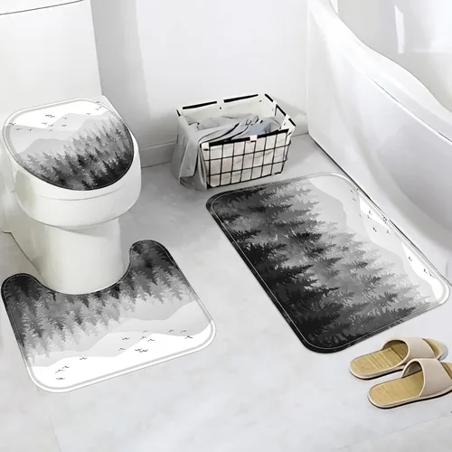 Miniatura 3 de Fungarth Juego de 4 cortinas de ducha de bosque brumoso negro y blanco con alfombra, juegos de baño de montaña con cortina de ducha de tela