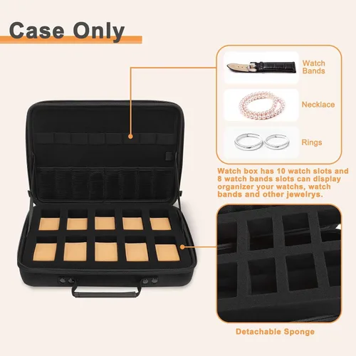 Miniatura 4 de MOSISO Caja de reloj, 10 ranuras para relojes, organizador de exhibición de relojes para hombres, organizador de caja de reloj portátil con asa