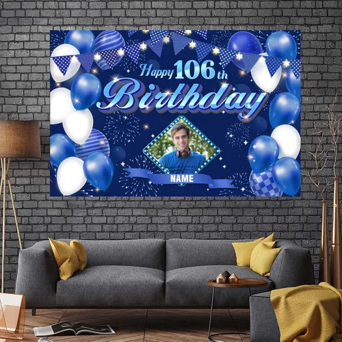 Miniatura 7 de Cartel personalizado de decoración de cumpleaños número 106 con tema azul marino, pancarta de tela personalizada para suministros de fiesta