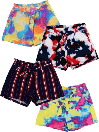 MISS POPULAR Paquete de 4 pantalones cortos de papel súper suaves con bolsillos para niñas, diseños lindos de verano, tallas 7-16