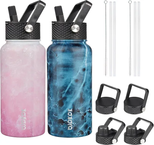 Miniatura 11 de BJPKPK Paquete de 2 botellas de agua aisladas con tapas con pajita, botella de agua de metal de acero inoxidable de 18oz con 6 tapas, jarras a