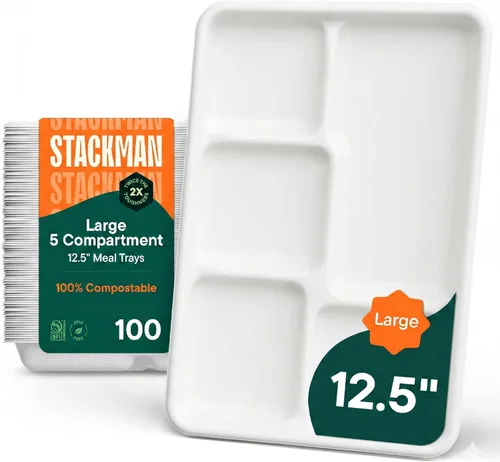 Miniatura 10 de Plato de papel 100% compostable, paquete de 125 unidades bandeja de 5 compartimientos desechable de calidad resistente, ecológica hecha de fibras