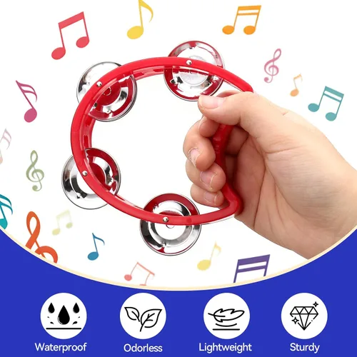 Miniatura 6 de Paquete de 4 panderetas de percusión de plástico, mini campanas de percusión con 4 cascabeles, instrumento musical de percusión de mano para adultos