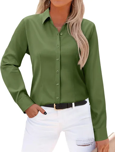 Miniatura 6 de Gleeivy - Camisas abotonadas para mujer, sin arrugas, de manga larga, camisas de vestir casuales con cuello V, ajustadas, de un solo