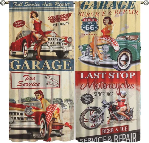 Cortinas vintage para coche, retro, para garaje, niña, mecánico, clásico, letrero, arte impreso, para dormitorio, sala de estar, 42 x 45 pulgadas de