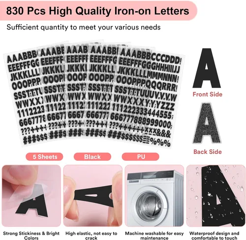 Miniatura 3 de 5 hojas, 830 piezas de letras y números para planchar para ropa, letras de vinilo para planchar de 1 pulgada con letras de transferencia de calor