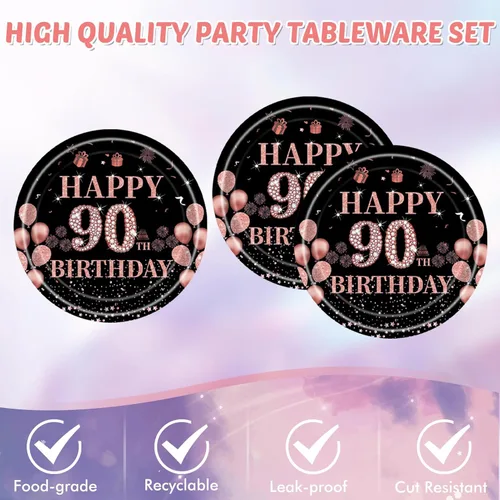 Miniatura 5 de 41 piezas de decoraciones de 90 cumpleaños para mujeres, platos y servilletas de 90 cumpleaños en negro y oro rosa, juego de vajilla de feliz