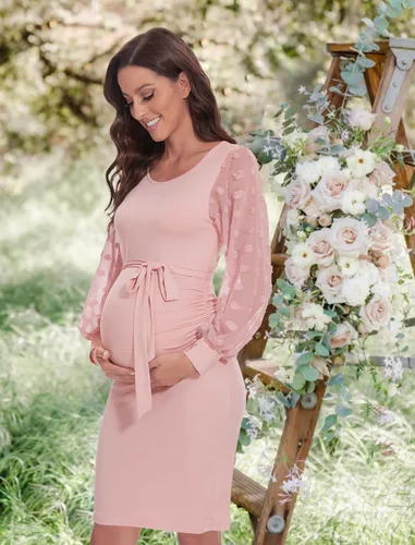 Miniatura 2 de Vestido de maternidad de manga transparente de malla de lunares suizos, vestidos formales de baby shower, vestido ajustado para embarazo, fruncido