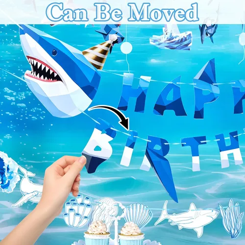 Miniatura 5 de Paper Jazz Decoración de tiburón oceánico, decoración de fiesta de tiburón ballena para pared, pancarta de cumpleaños bajo el mar con remolinos, Azul