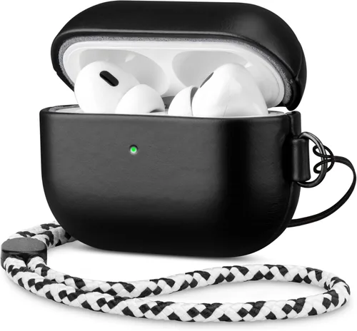 Miniatura 9 de Maogoam Funda de cuero genuino para AirPods Pro 2, botón de sincronización, diseño de clip en D con cordón de mano, funda de cuero encerado