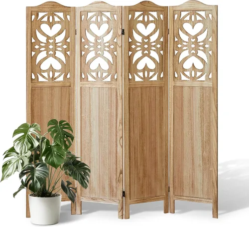 Divisor de habitación de 4 paneles de madera tallada de 5.6 pies de alto, pantalla de privacidad plegable con bisagras dobles, divisor de división