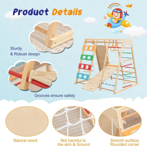 Miniatura 5 de Juego de gimnasio y parque infantil 9 en 1, juguete de escalada de madera con tobogán, columpio, red de escalada, anillos – Juego para niños