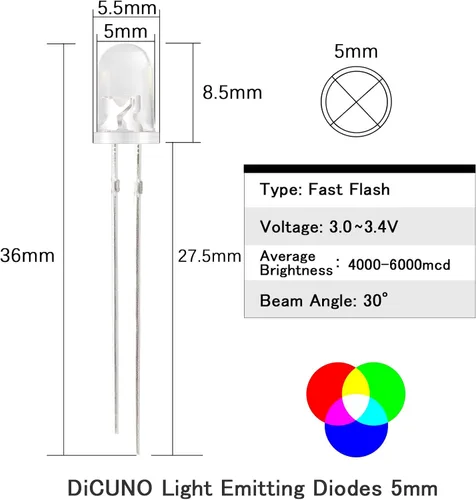Miniatura 2 de DiCUNO 100 piezas de diodo LED de parpadeo rápido RGB multicolor de 0.197 in, diodos emisores de luz cambiantes intermitentes multicolor, 2 pines