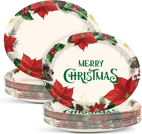 50 PCS Platos de Papel Ovalados de Navidad Grandes de 11" Desechables Tema de Flor de Pascua Decoraciones de Fiesta Suministros Florales de Invierno