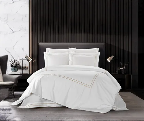 Chic Home Alford - Juego de funda de edredón de algodón orgánico de 3 piezas, color blanco sólido con borde bordado de doble raya, colección de